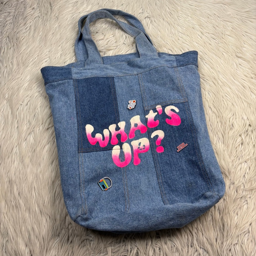 Canary Upcycle Denim Patch Work Denim Tote Recycled Material Pins Retro